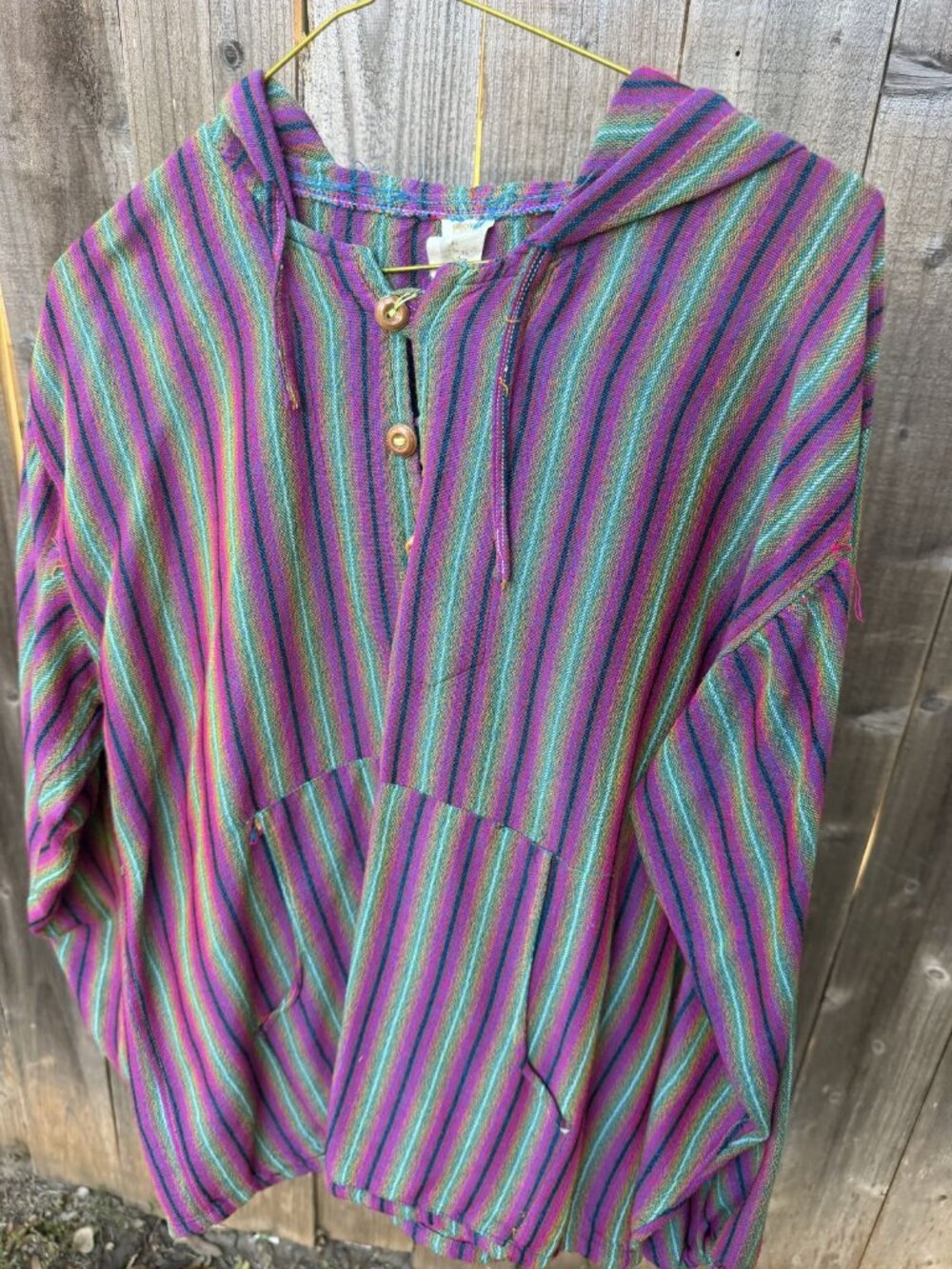 BOHEMIAN HOODED PULLOVER, STRIPED PURPLE AND GREEN, SIZE L